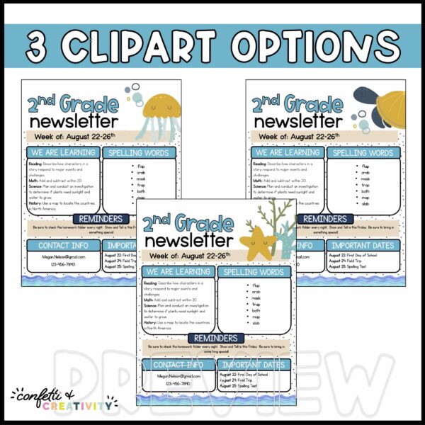 Ocean Newsletter Templates - Clipart Options Shows all three newsletter clipart options