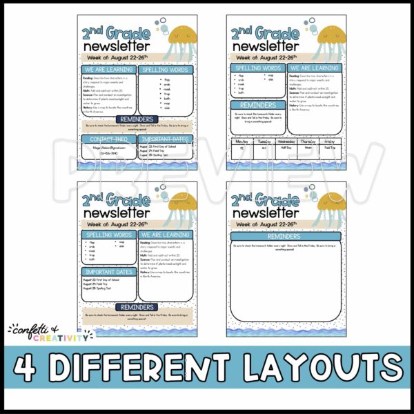 Ocean Newsletter Templates - Layout Options shows all four layout options for the classroom newsletters