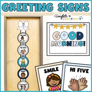 Shows what the morning greeting signs look like set up on a classroom stock photo