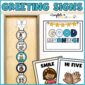 Shows what the morning greeting signs look like set up on a classroom stock photo
