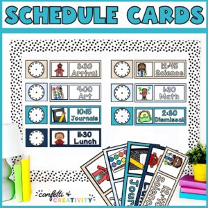 Shows the visual schedule cards on a stock photo bulletin board