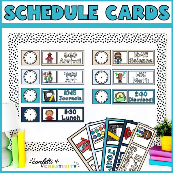 Shows the visual schedule cards on a stock photo bulletin board