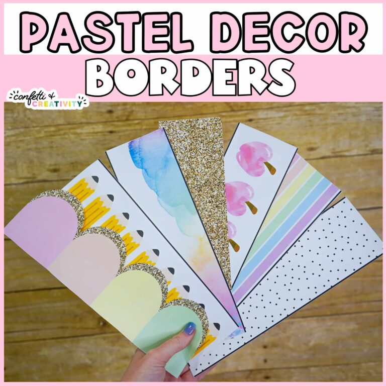 Shows many different pastel borders fanned out with a bulletin board in the background