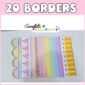 Shows all 20 printable bulletin board borders on a table with the text "20 borders" at the top of the image