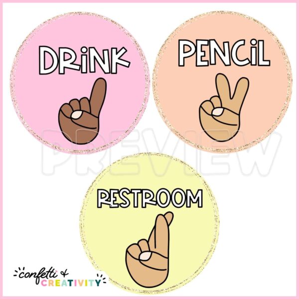 Pastel Classroom Hand Signals - More Options Shows the hand signal cards for drink, pencil, and restroom