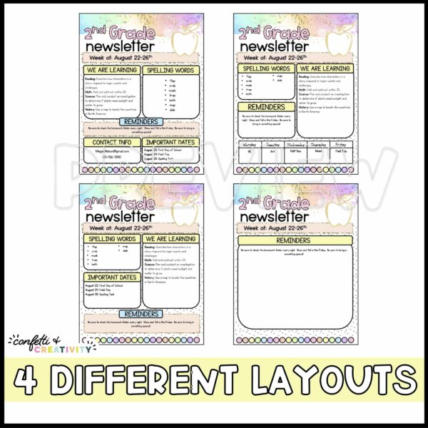 Pastel Newsletters - Layout Options Shows 4 different layout options for the pastel newsletters