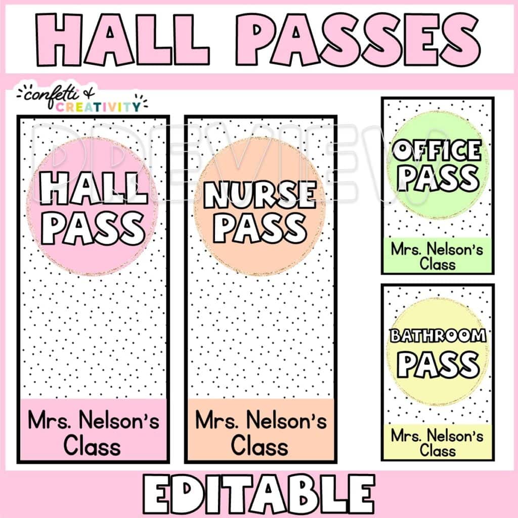 Shows example hall passes with a pastel color palette