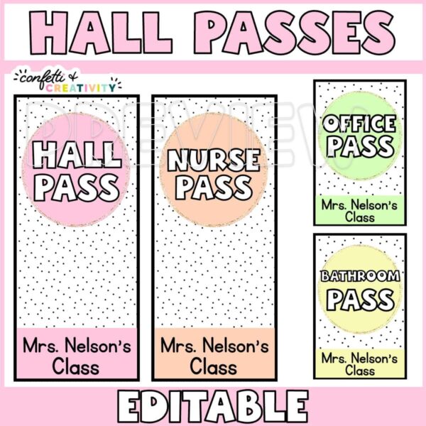 Shows example hall passes with a pastel color palette