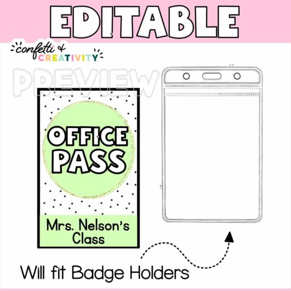 Pastel Hall Pass 2 Shows an example card "office pass" that is small enough to fit within a lanyard holder