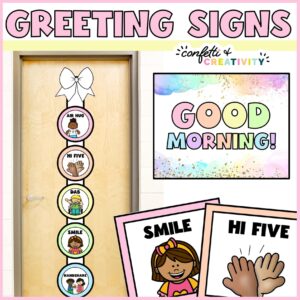Shows a greeting sign set up on a classroom door with a ribbon at the top of the ribbon