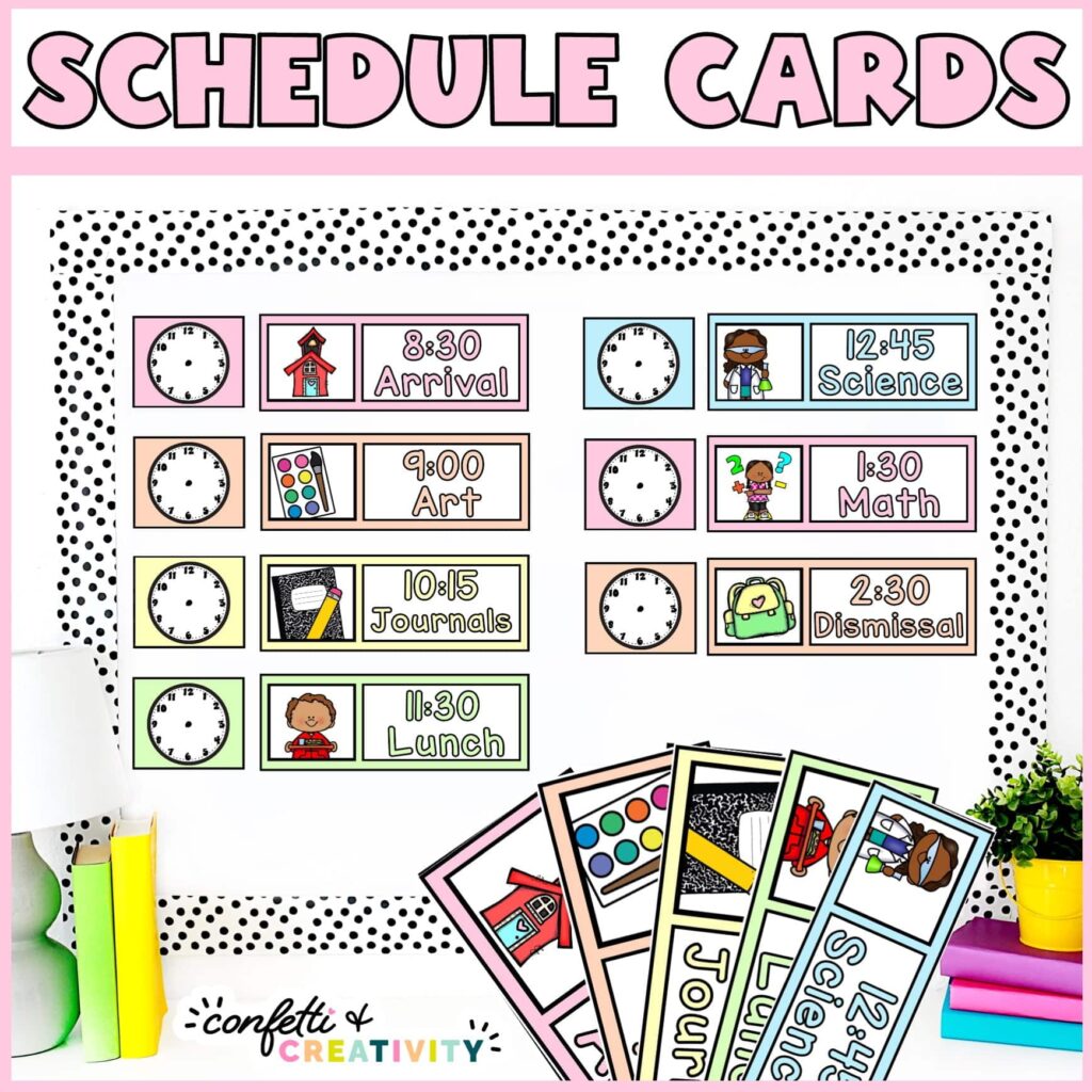 Shows the entire classroom schedule set up on a bulletin board with a pastel color pallette