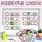 Shows the entire classroom schedule set up on a bulletin board with a pastel color pallette