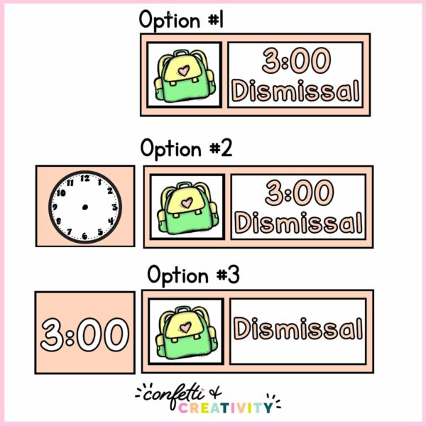 Pastel Visual Schedule - Set up Options Shows 3 different set up options with clocks, schedule text, and visual schedule clipart