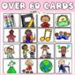 Shows 16 example schedule cards with clipart. Text at the top says "over 60 cards" to show that there are over 60 different cards to set up the classroom schedule
