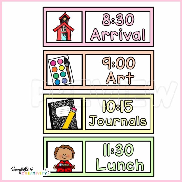 Pastel Visual Schedule - Example Classroom Schedule Shows the classroom schedule set up with example visual clipart