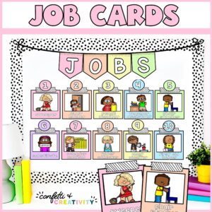 Shows a bulletin board set up with the job cards in pastel bright colors. The board has a black and white polka dot border