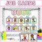Shows a bulletin board set up with the job cards in pastel bright colors. The board has a black and white polka dot border