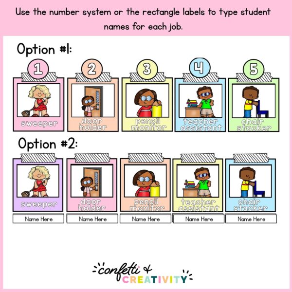 Patel Classroom Job Cards 2 Shows multiple designs of how the numbering system and name system can be set up on the job cards
