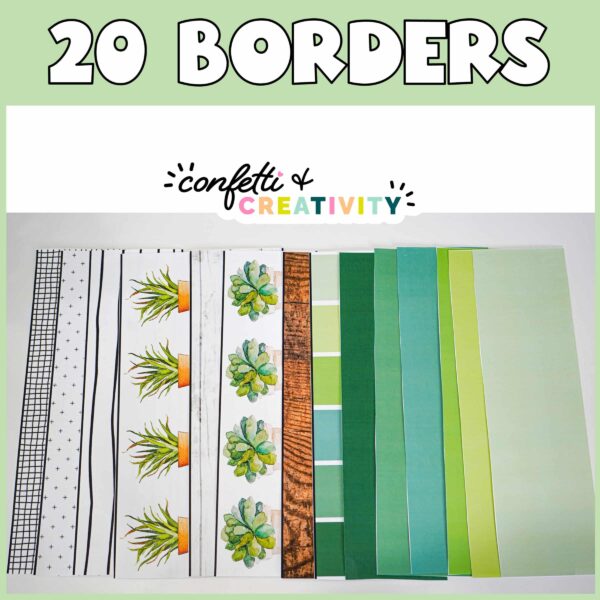 Plant Bulletin Board Borders 2 Shows all the border options in the product with the text "20 borders" at the top of the image