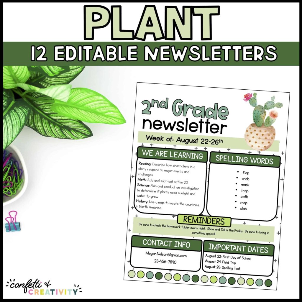 Shows a pant classroom newsletter filled out as an example