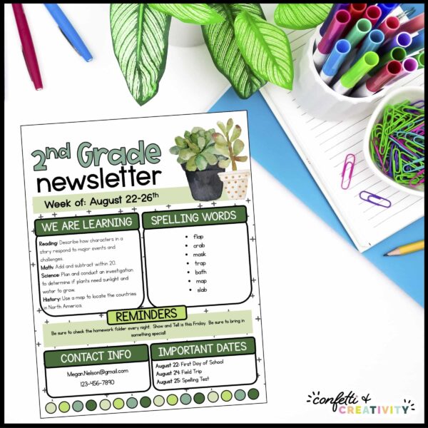 Plant Classroom Newsletters - Example Shows a second option for a newsletter design filled out