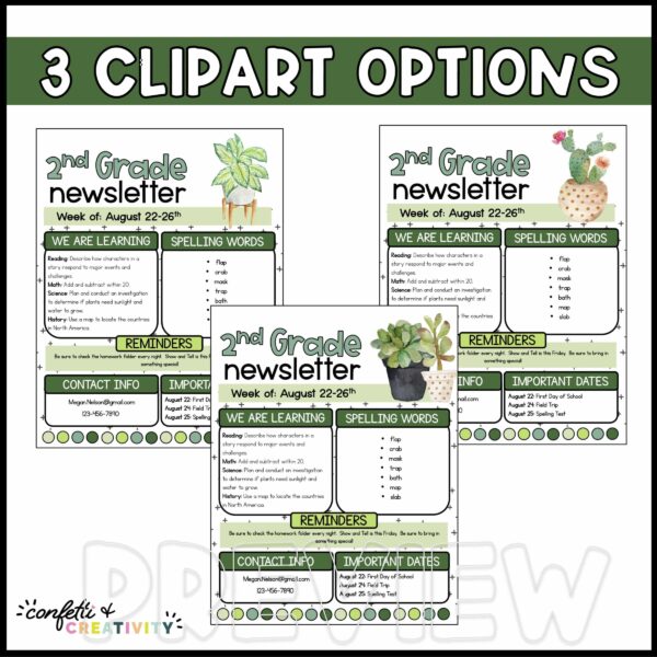 Plant Classroom Newsletters - Clipart Option Shows 3 different clipart options for designs