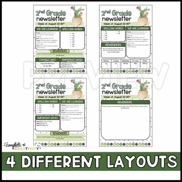 Plant Classroom Newsletters - Layout Options Shows 4 different layouts, combined with the 3 different clipart options user have 12 different newsletter options