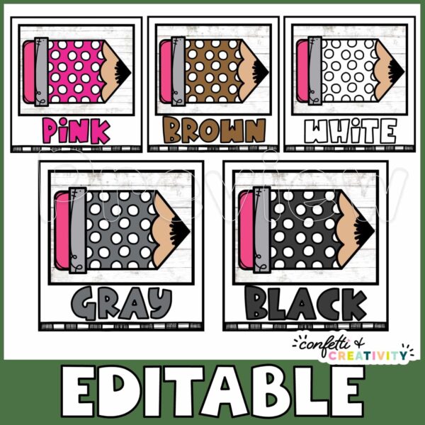 Plant Color Posters - Examples Shows colored pencils as examples. Includes colors such as pink, white, black, and others