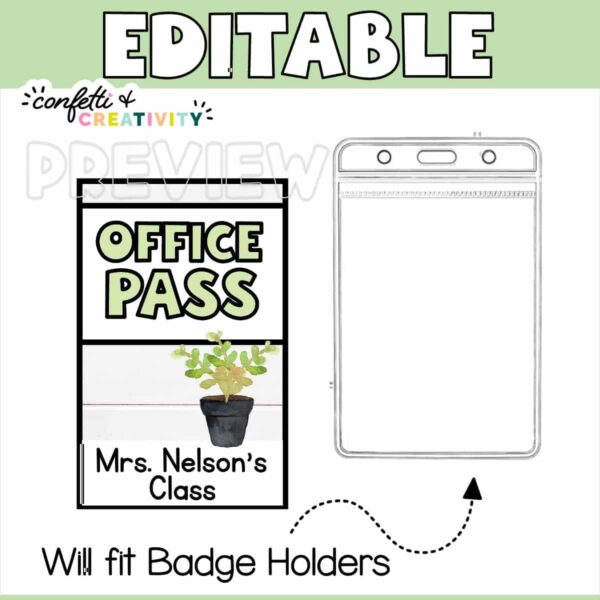 Plant Hall Pass 2 Shows the small office pass example next to a plastic lanyard carrier for the hall pass to fit in