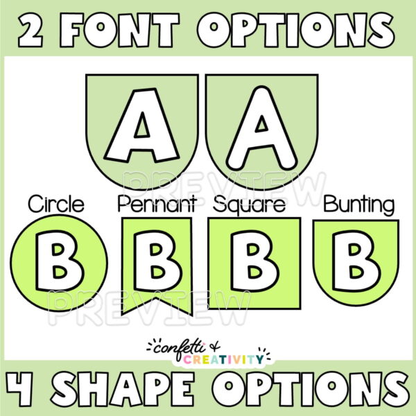 Plant Header Preview 3 Shows 2 different font options along with 4 different shape headers to show the options a teacher has to set up their bulletin board