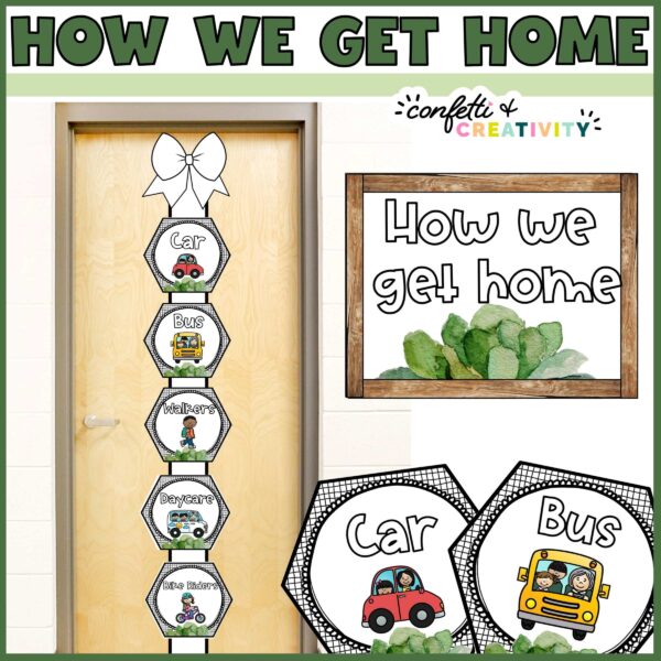 Shows the How we get home on a ribbon displayed on a classroom door