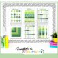 Shows 6 of the 8 math posters set up on a stock photo bulletin board image. All posters have green hues