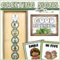 Shows the greeting signs set up on classroom door. Includes a zoomed in version of a sign that says "Good morning". Includes text "greeting signs" at the top of the image