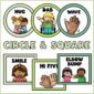 Shows example morning greetings with circles and squares designs