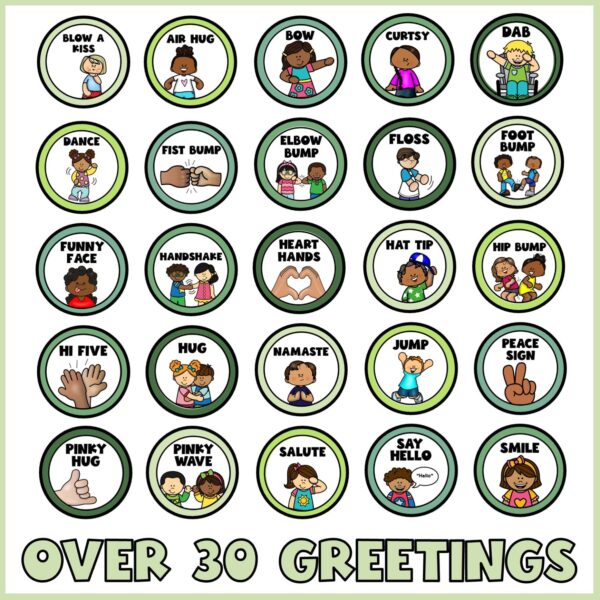 Plant Morning Greeting Signs - Example Cards Shows 25 different morning greeting options with circle designs. Includes the text "30 Greeting Signs" at the bottom of the image