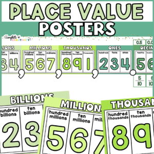 Shows the place value posters set up with decimals and commas along with zoomed in versions of the cards