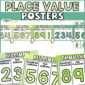 Shows the place value posters set up with decimals and commas along with zoomed in versions of the cards