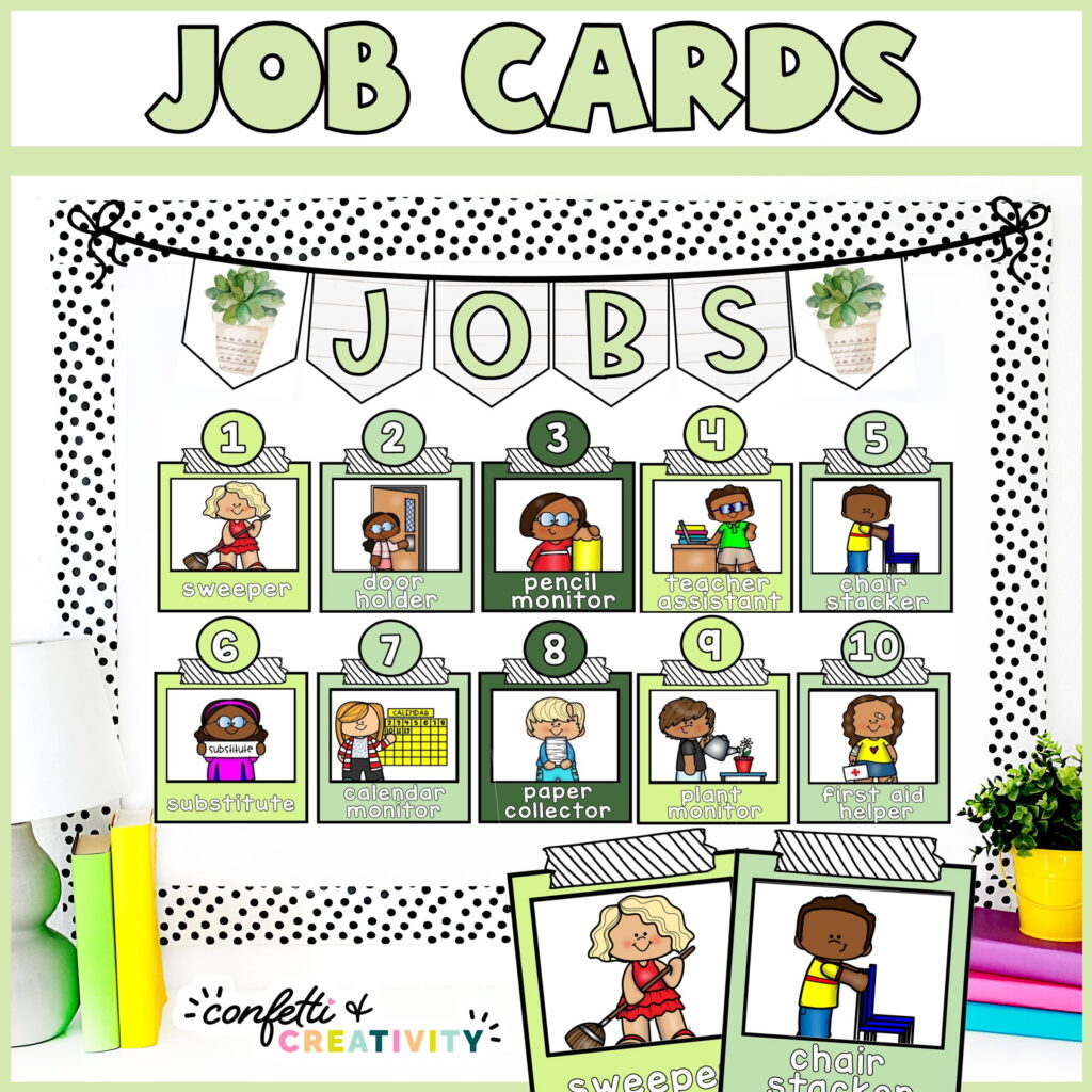 Shows the plant classroom job board set up on a stock photo of a bulletin board