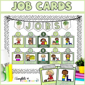Shows the plant classroom job board set up on a stock photo of a bulletin board
