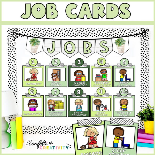 Shows the plant classroom job board set up on a stock photo of a bulletin board