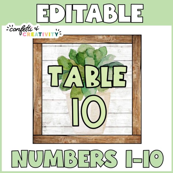 Plant Table Number Preview 2 Shows table number 10 with the text "Editable" at the top of the image