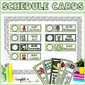 Shows the visual schedule set up on a stock photo of a bulletin board. The board has black and white spotted bulletin board borders