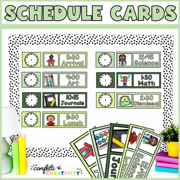 Shows the visual schedule set up on a stock photo of a bulletin board. The board has black and white spotted bulletin board borders