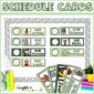 Shows the visual schedule set up on a stock photo of a bulletin board. The board has black and white spotted bulletin board borders