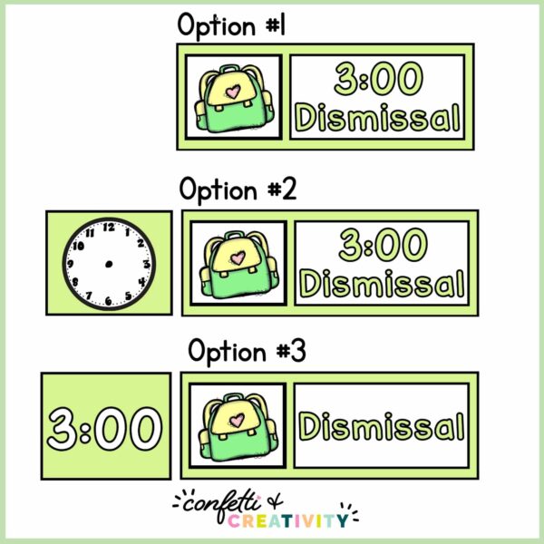Plant Visual Cards - Set Up Options Shows 3 different options for setting up the visual schedule cards. Some include clocks, others include the analog time cards