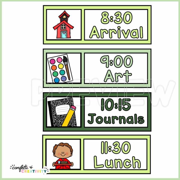 Plant Visual Cards - Example Schedule Shows an example visual schedule set up with examples of clipart and times. Examples include "Art", "Arrival" and "Journals" among many other options