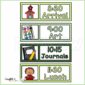 Shows an example visual schedule set up with examples of clipart and times. Examples include "Art", "Arrival" and "Journals" among many other options