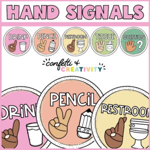 Shows the entire set of classroom hand signals