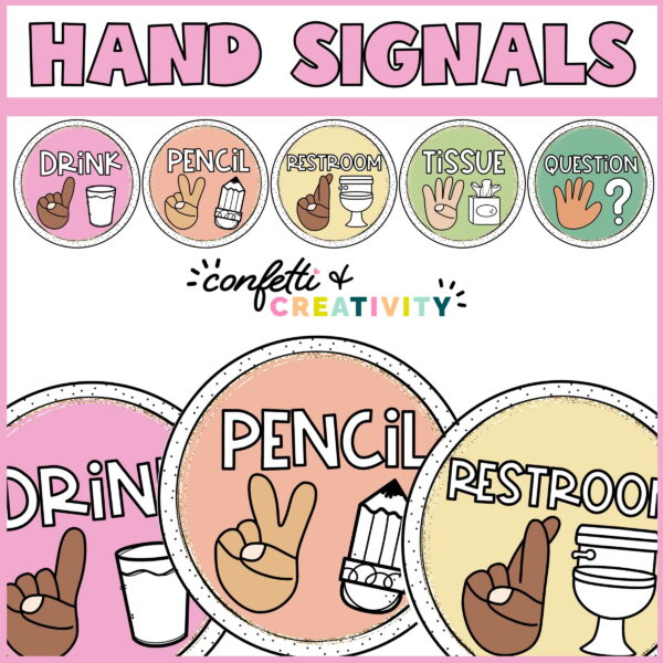 Shows the entire set of classroom hand signals