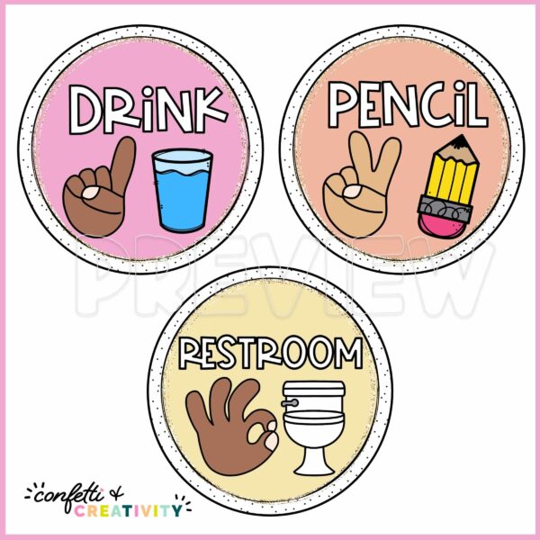 Retro Hand Signals 3 Shows 3 example hand signal cards with clipart. Example includes pencil, drink, and others.